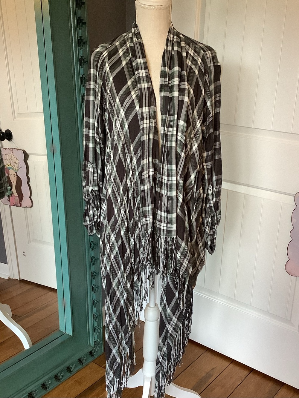Altar'd State Black and White Plaid Fringe Wrap